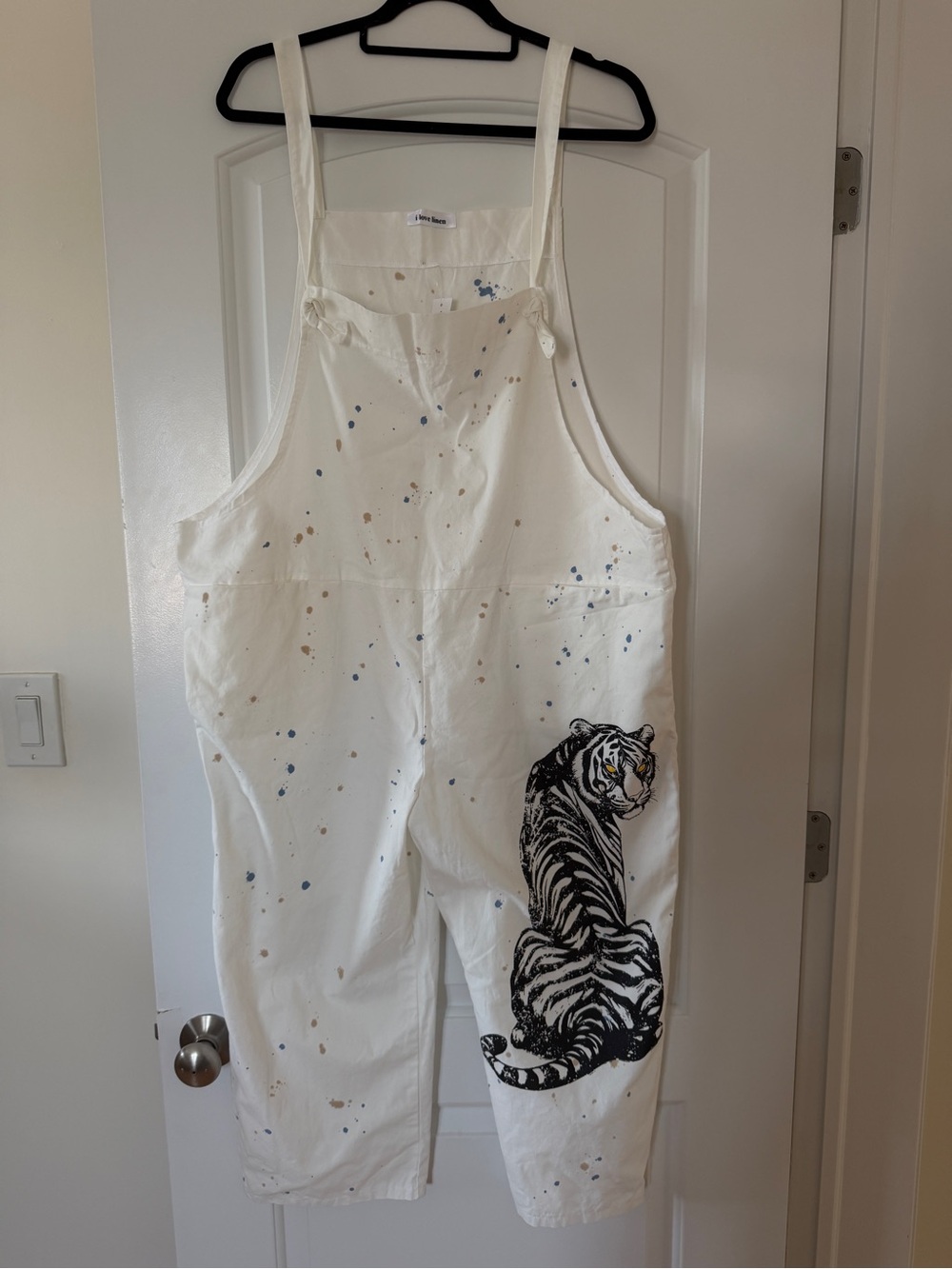 I Love Linen White Painter-Style Overalls with Tiger Graphic capri overalls